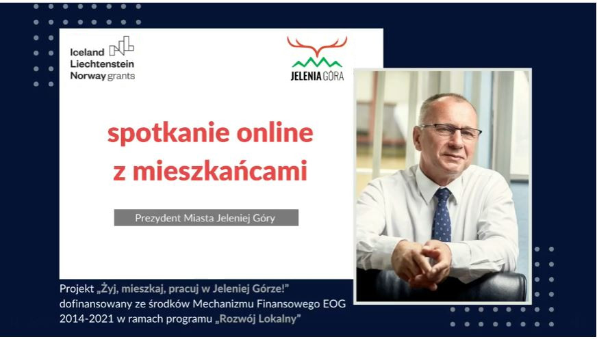 Grafika do spotkania online Prezydenta z mieszkańcami, na zdjęciu Jerzy Łużniak