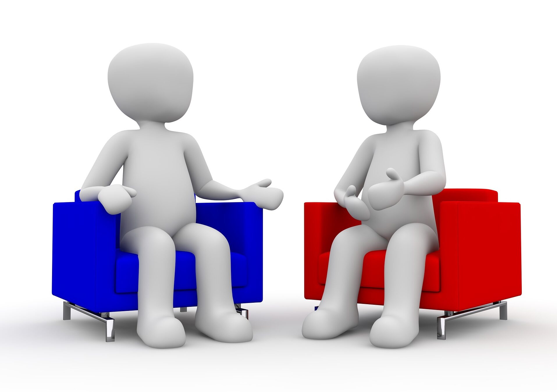 Grafika przedstawiająca dwie siedzące postacie podczas rozmowy.